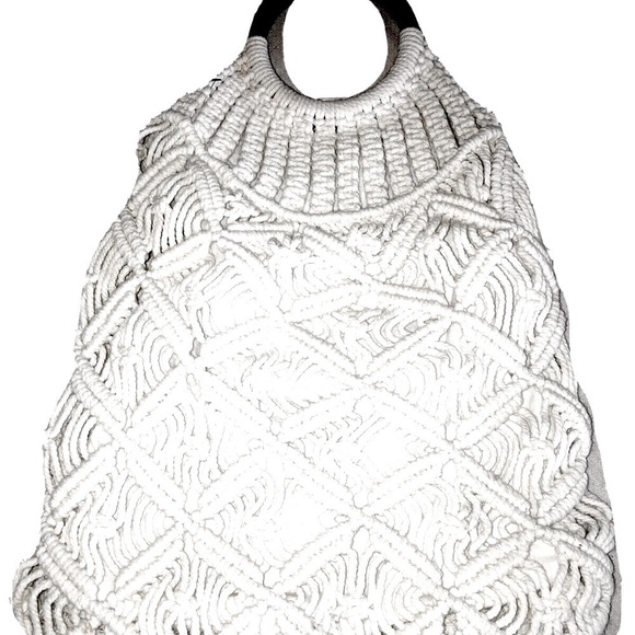 Macramé Handbag Crochet Tote Wooden Handle, 20” Clean like new - Picture 3 of 7